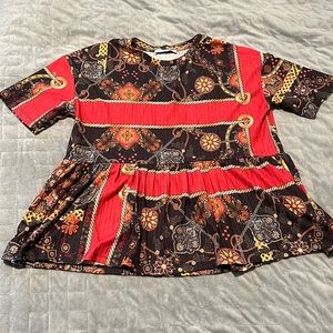 Zara Babydoll Top, Eclectic Pattern, Paisley, Red, Black, Short-Sleeve, Size S